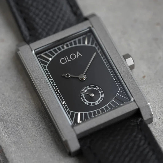 English: Minimalist Industrial Rectangular Square Watch, Retro Small Second Dial, Black Grain Leather Strap Niche Luxury Men Quartz Wristwatch