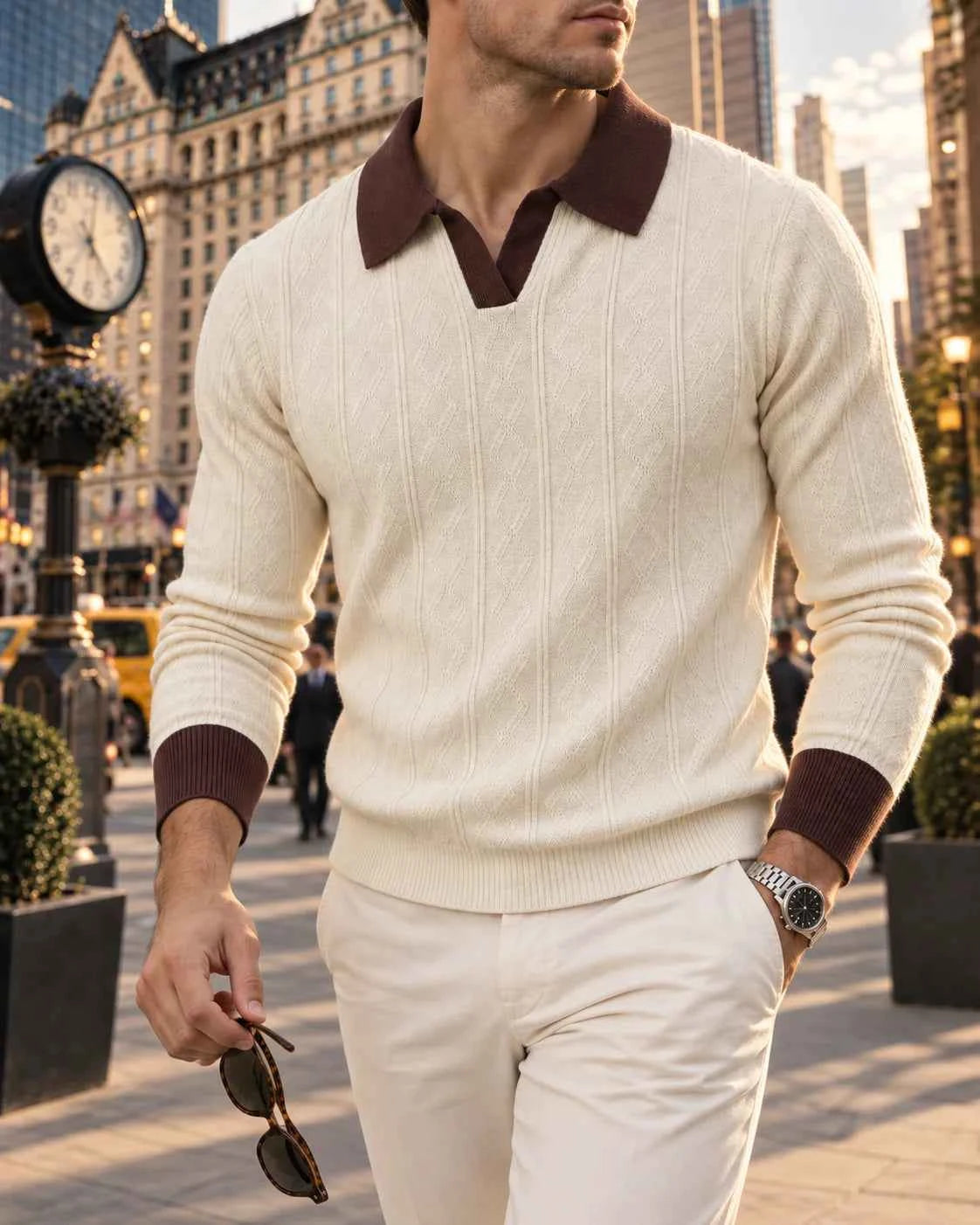 Men's Soft Lapel Sweater - Elastic Knitted V-neck Pullover,