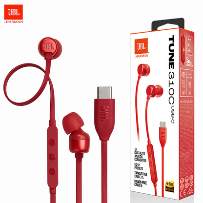 JBL Tune 310C USB-C Wired Earbuds, Hi-Res Audio with Built-In DAC, 3-Button EQ Preset Remote with Microphone, Tangle-Free Flat Cable, Compatible with USB-C Devices