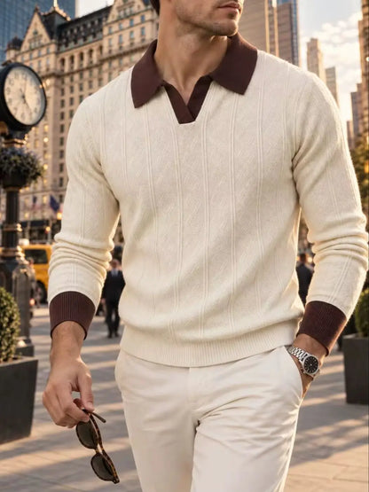 Men's Soft Lapel Sweater - Elastic Knitted V-neck Pullover,