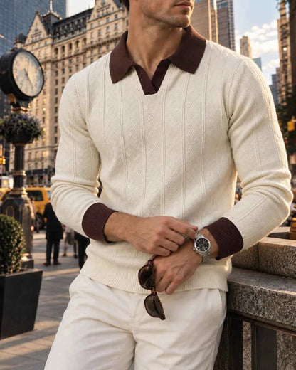 Men's Soft Lapel Sweater - Elastic Knitted V-neck Pullover,