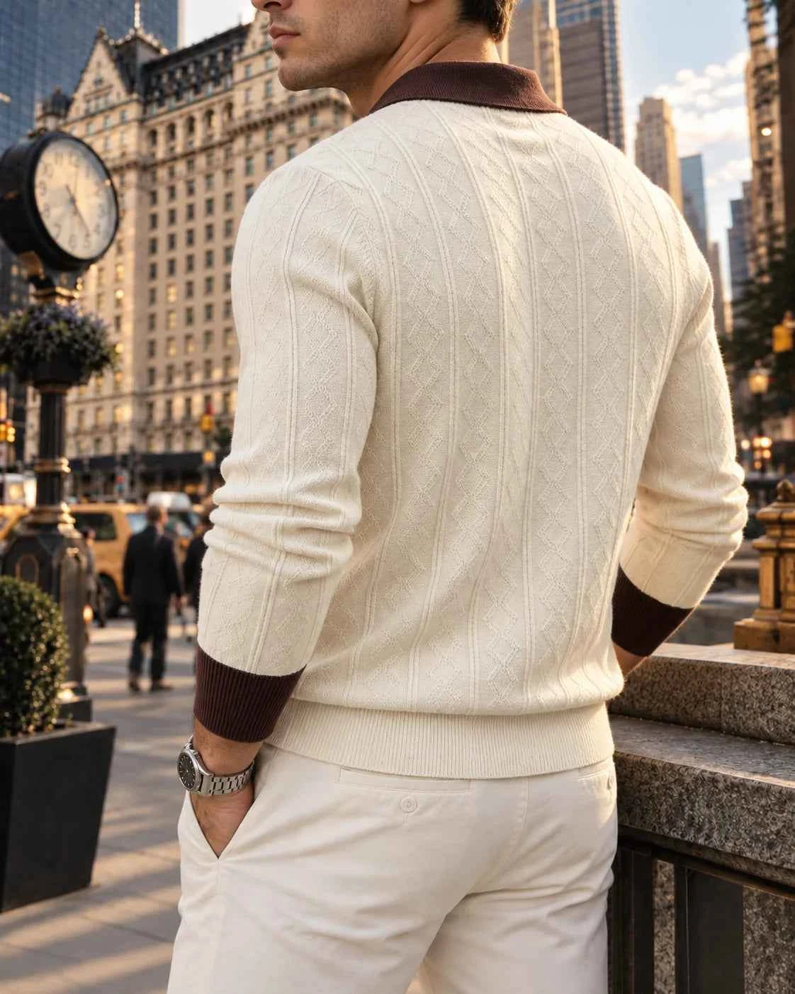 Men's Soft Lapel Sweater - Elastic Knitted V-neck Pullover,