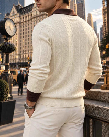 Men's Soft Lapel Sweater - Elastic Knitted V-neck Pullover,