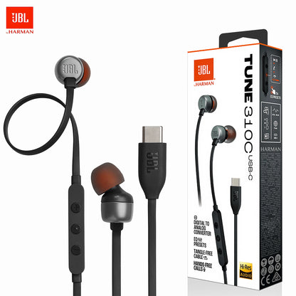 JBL Tune 310C USB-C Wired Earbuds, Hi-Res Audio with Built-In DAC, 3-Button EQ Preset Remote with Microphone, Tangle-Free Flat Cable, Compatible with USB-C Devices
