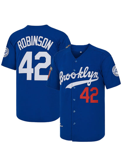 Men's Blue White Beige Letter Embroidery Baseball Shirt，#42 Jackie Robinson Legend Baseball Jersey, Fan Gift