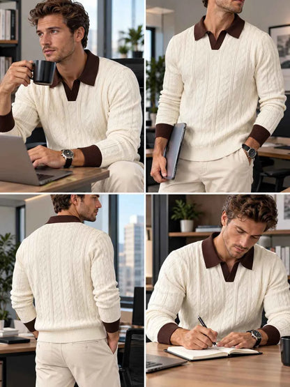 Men's Soft Lapel Sweater - Elastic Knitted V-neck Pullover,