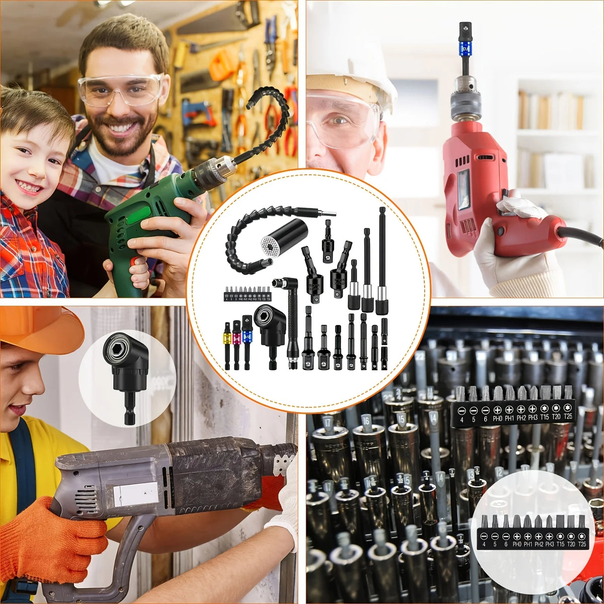 31 Pieces of Flexible Drill Bit Extension Kit, including 1/4 3/8 1/2 inch Hexagonal Socket Adapter, Flexible Magnetic Drill Bit Extender,