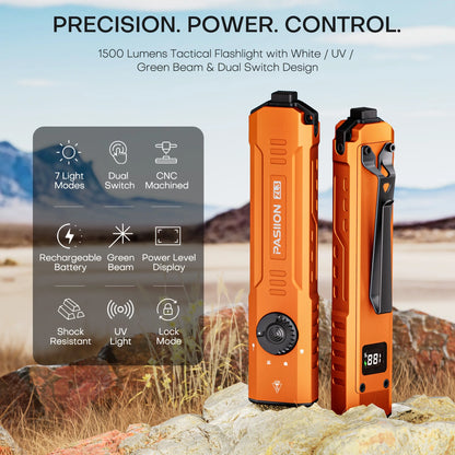 1500 LM Slim Tactical Flashlight  with Green Laser Beam, 3 Light Sources EDC Multi-Functional Rechargeable Torch, High Bright White Light & 365 UV Black Light,
