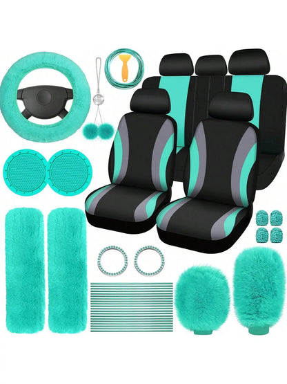 35-Piece Women Fluffy Car Seat Cover Set, Luxury Polyester Fiber Car Interior Combo, Soft Steering Wheel Cover, Cup Holder Coasters, Safety Belt Shoulder Pads & Gear Shift Cover, Universal Fit, Easy to Install