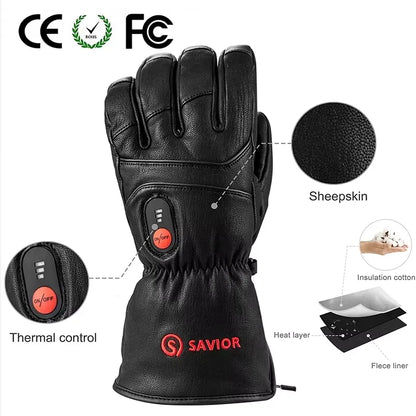 Savior Heat Winter Outdoor Sports Genuine Leather Sheepskin Electric Heating Gloves