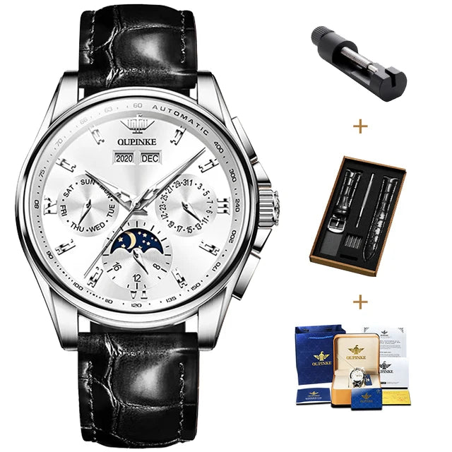 OUPINKE 3189 Automatic Watch for Men Genuine Leather Strap Waterproof Moon Phase Man Watches