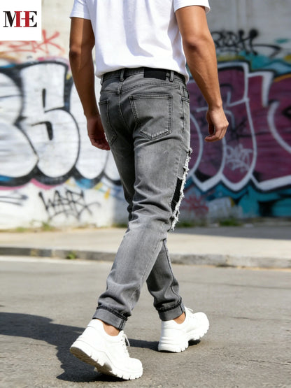 【HME】Men's Jeans | Grey Washed Slim Straight Denim Pants with Multi Frayed Rips Built in Black Elastic Mesh Lining,