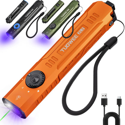 1500 LM Slim Tactical Flashlight  with Green Laser Beam, 3 Light Sources EDC Multi-Functional Rechargeable Torch, High Bright White Light & 365 UV Black Light,