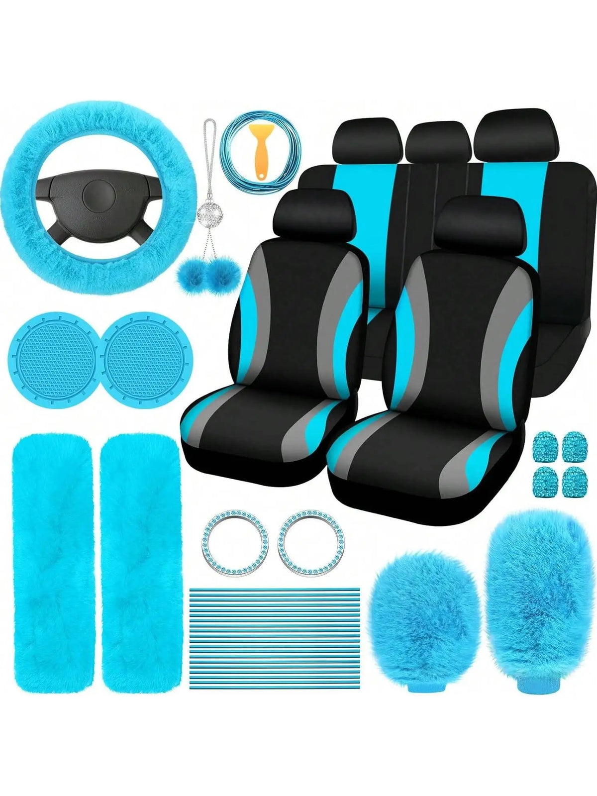 35-Piece Women Fluffy Car Seat Cover Set, Luxury Polyester Fiber Car Interior Combo, Soft Steering Wheel Cover, Cup Holder Coasters, Safety Belt Shoulder Pads & Gear Shift Cover, Universal Fit, Easy to Install