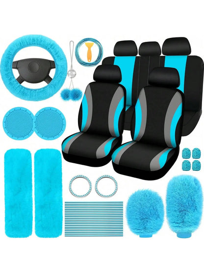35-Piece Women Fluffy Car Seat Cover Set, Luxury Polyester Fiber Car Interior Combo, Soft Steering Wheel Cover, Cup Holder Coasters, Safety Belt Shoulder Pads & Gear Shift Cover, Universal Fit, Easy to Install
