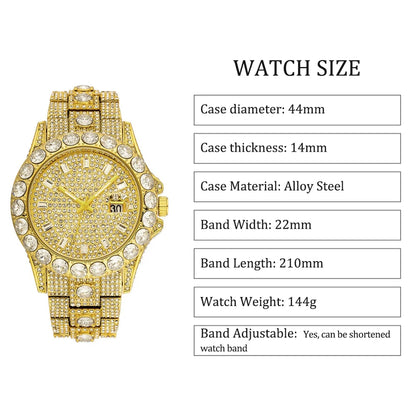 MISSFOX Luxury Watches For Mens Hip Hop Iced Out Bling Quartz Clocks Fashion Full Diamond Jewelry Wristwatch