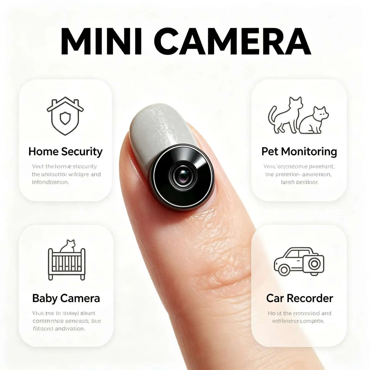 E12 Mini WiFi Security Camera, 4K Ultra HD tiny surveillance cam with infrared night vision, motion detection alert, loop recording.