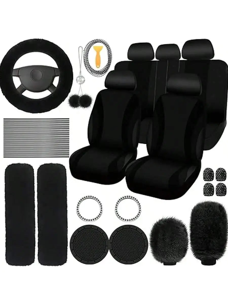 35-Piece Women Fluffy Car Seat Cover Set, Luxury Polyester Fiber Car Interior Combo, Soft Steering Wheel Cover, Cup Holder Coasters, Safety Belt Shoulder Pads & Gear Shift Cover, Universal Fit, Easy to Install