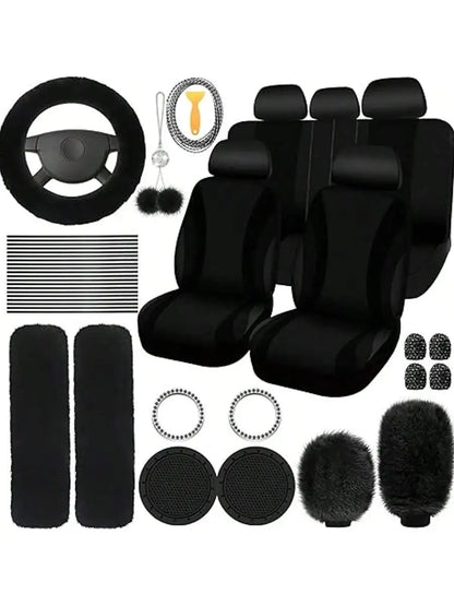 35-Piece Women Fluffy Car Seat Cover Set, Luxury Polyester Fiber Car Interior Combo, Soft Steering Wheel Cover, Cup Holder Coasters, Safety Belt Shoulder Pads & Gear Shift Cover, Universal Fit, Easy to Install