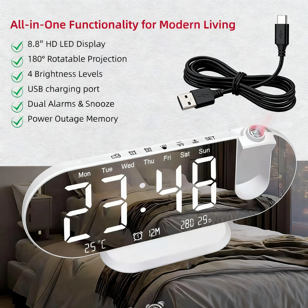 Projection Alarm Clock 8.8 Inch LED Mirror Display 180 Degree Rotation Dual Alarm Snooze Temperature USB Charging Bedside White Black