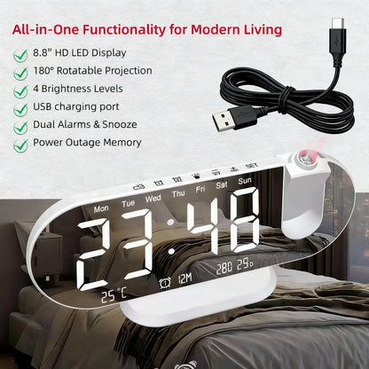 Projection Alarm Clock 8.8 Inch LED Mirror Display 180 Degree Rotation Dual Alarm Snooze Temperature USB Charging Bedside White Black