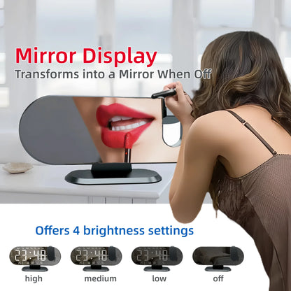 Projection Alarm Clock 8.8 Inch LED Mirror Display 180 Degree Rotation Dual Alarm Snooze Temperature USB Charging Bedside White Black