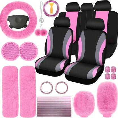 35-Piece Women Fluffy Car Seat Cover Set, Luxury Polyester Fiber Car Interior Combo, Soft Steering Wheel Cover, Cup Holder Coasters, Safety Belt Shoulder Pads & Gear Shift Cover, Universal Fit, Easy to Install