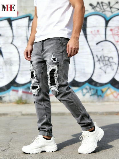 【HME】Men's Jeans | Grey Washed Slim Straight Denim Pants with Multi Frayed Rips Built in Black Elastic Mesh Lining,