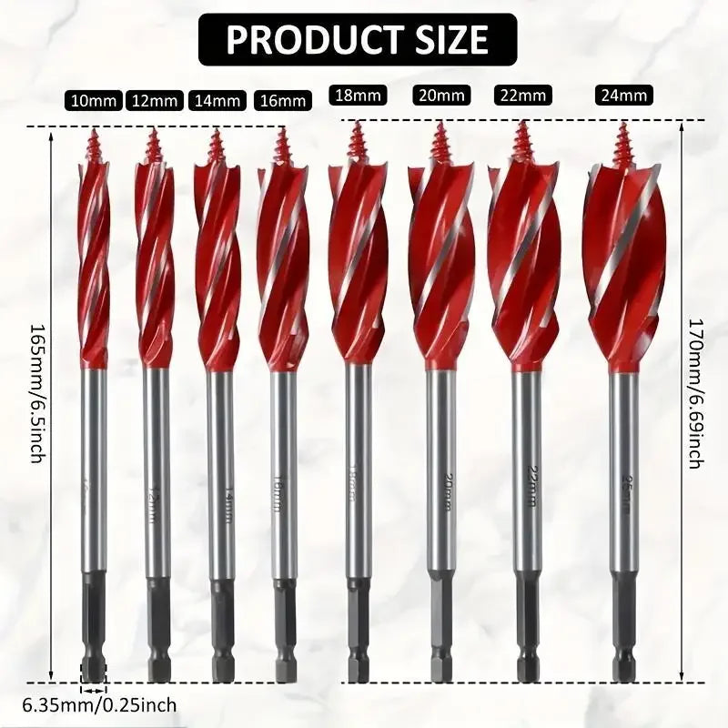 8pcs/Set High Carbon Steel 4 Flute Woodworking Drill Bit Set 10-25mm Self Tapping Hex Shank Precision Deep Hole Drills for Hardwood