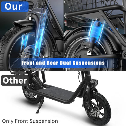 ASKGO 14 Inch Adult Electric Scooter with Seat, 1000W Peak, 25MPH Max Speed, 48V 15Ah Battery, 35 Miles Range, Dual Suspension & Dual Brake, Waterproof Rear Storage Box for Urban Commuting