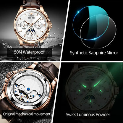 OUPINKE 3189 Automatic Watch for Men Genuine Leather Strap Waterproof Moon Phase Man Watches
