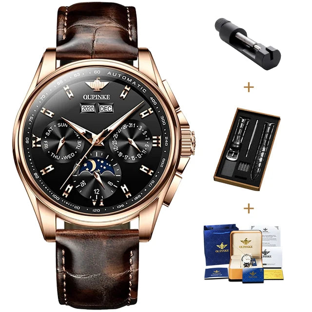 OUPINKE 3189 Automatic Watch for Men Genuine Leather Strap Waterproof Moon Phase Man Watches