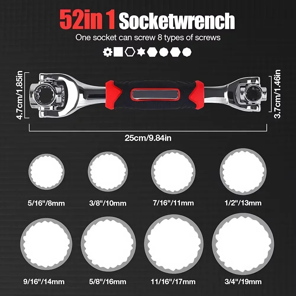 52 in 1 Multi Functional Socket Wrench Set with 360 Degree Rotating Dog Bone Design Universal Spline Wrench 8 to 19mm
