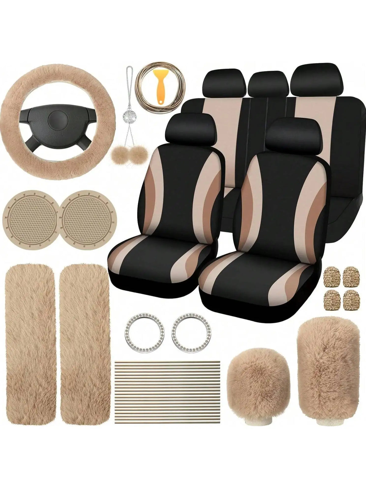 35-Piece Women Fluffy Car Seat Cover Set, Luxury Polyester Fiber Car Interior Combo, Soft Steering Wheel Cover, Cup Holder Coasters, Safety Belt Shoulder Pads & Gear Shift Cover, Universal Fit, Easy to Install