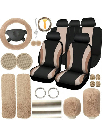 35-Piece Women Fluffy Car Seat Cover Set, Luxury Polyester Fiber Car Interior Combo, Soft Steering Wheel Cover, Cup Holder Coasters, Safety Belt Shoulder Pads & Gear Shift Cover, Universal Fit, Easy to Install