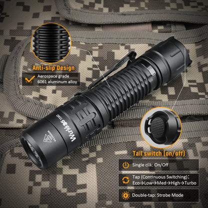 Wurkkos TD02 Compact IPX8 Waterproof Tactical Flashlight 2000LM Rechargable Torch with 6 Modes High-quality LED