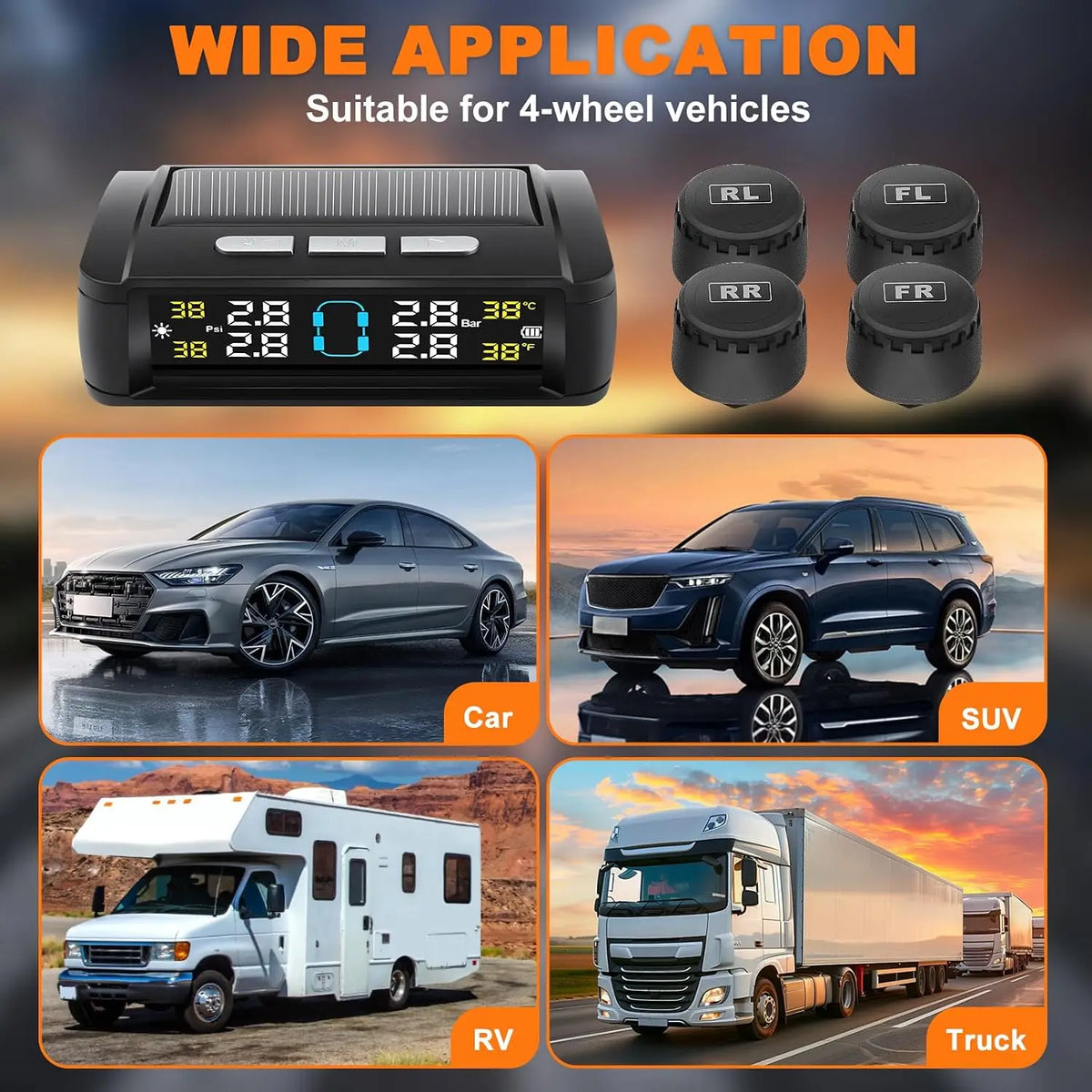 Tire Pressure Monitoring System, Universal Wireless TPMS with Solar And USB Charging,