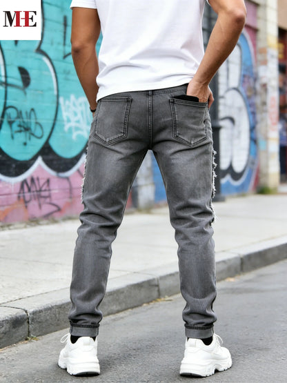 【HME】Men's Jeans | Grey Washed Slim Straight Denim Pants with Multi Frayed Rips Built in Black Elastic Mesh Lining,