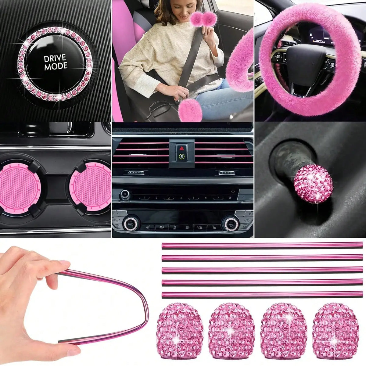 35-Piece Women Fluffy Car Seat Cover Set, Luxury Polyester Fiber Car Interior Combo, Soft Steering Wheel Cover, Cup Holder Coasters, Safety Belt Shoulder Pads & Gear Shift Cover, Universal Fit, Easy to Install