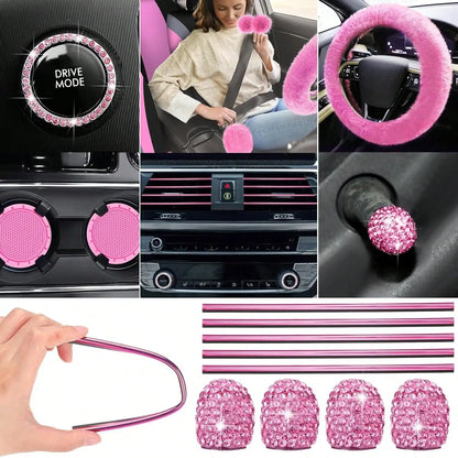 35-Piece Women Fluffy Car Seat Cover Set, Luxury Polyester Fiber Car Interior Combo, Soft Steering Wheel Cover, Cup Holder Coasters, Safety Belt Shoulder Pads & Gear Shift Cover, Universal Fit, Easy to Install