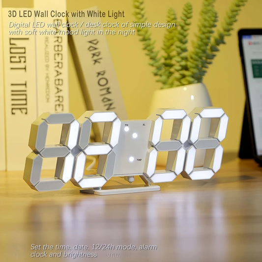 LED Digital Alarm Clock, 3D Design Wall Clock, Light-Up Night Mode, Adjustable Brightness Electronic Clock,