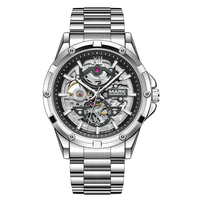 Mark Fairwhale Fashion Skeleton Dial Automatic Movement Stainless Steel Band Luminous Men's Watch