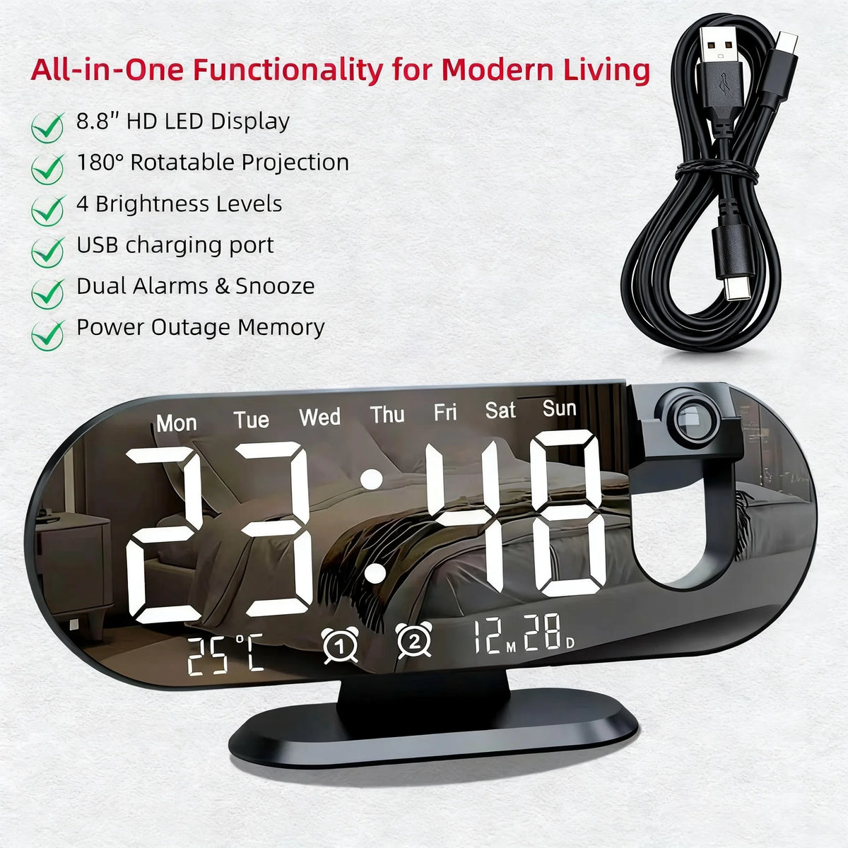 Projection Alarm Clock 8.8 Inch LED Mirror Display 180 Degree Rotation Dual Alarm Snooze Temperature USB Charging Bedside White Black