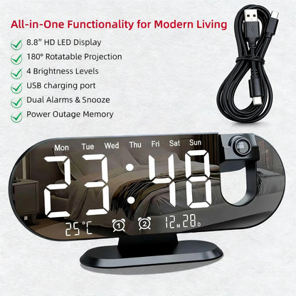 Projection Alarm Clock 8.8 Inch LED Mirror Display 180 Degree Rotation Dual Alarm Snooze Temperature USB Charging Bedside White Black