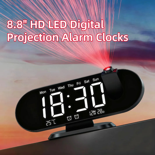 Projection Alarm Clock 8.8 Inch LED Mirror Display 180 Degree Rotation Dual Alarm Snooze Temperature USB Charging Bedside White Black
