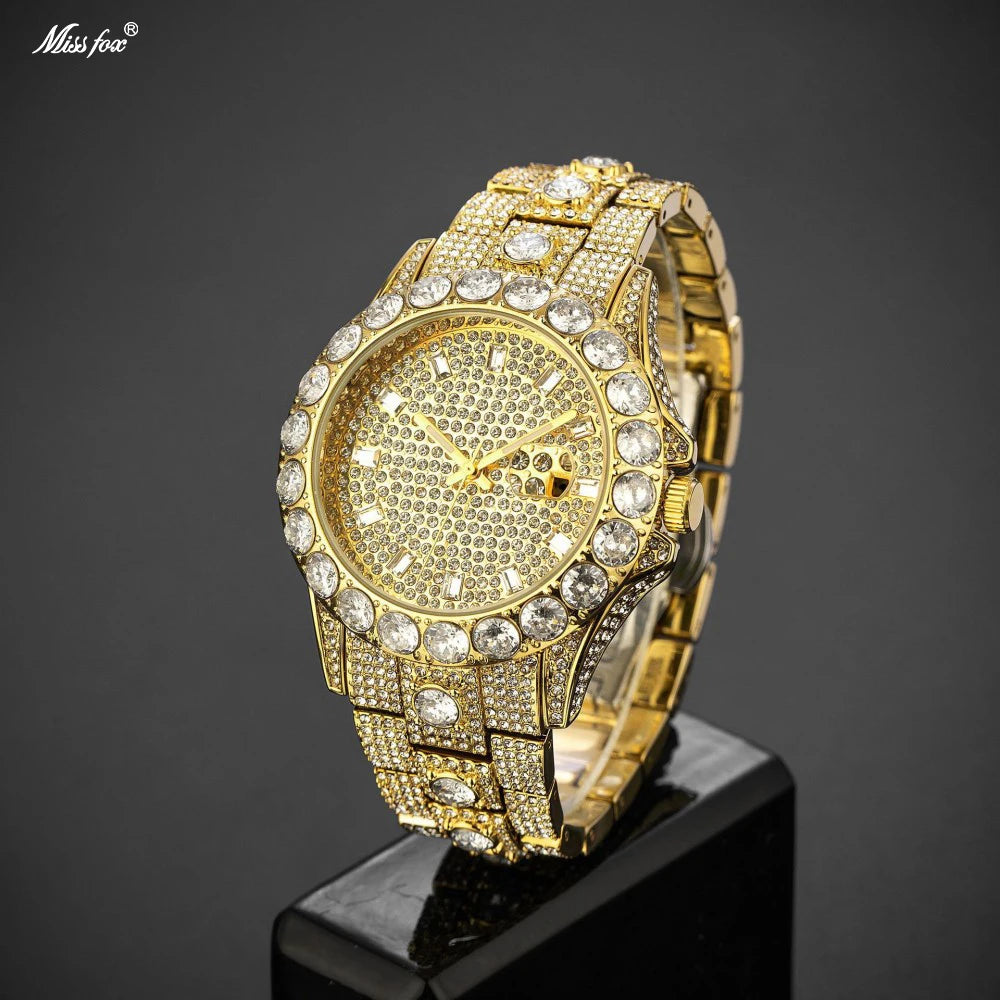 MISSFOX Luxury Watches For Mens Hip Hop Iced Out Bling Quartz Clocks Fashion Full Diamond Jewelry Wristwatch
