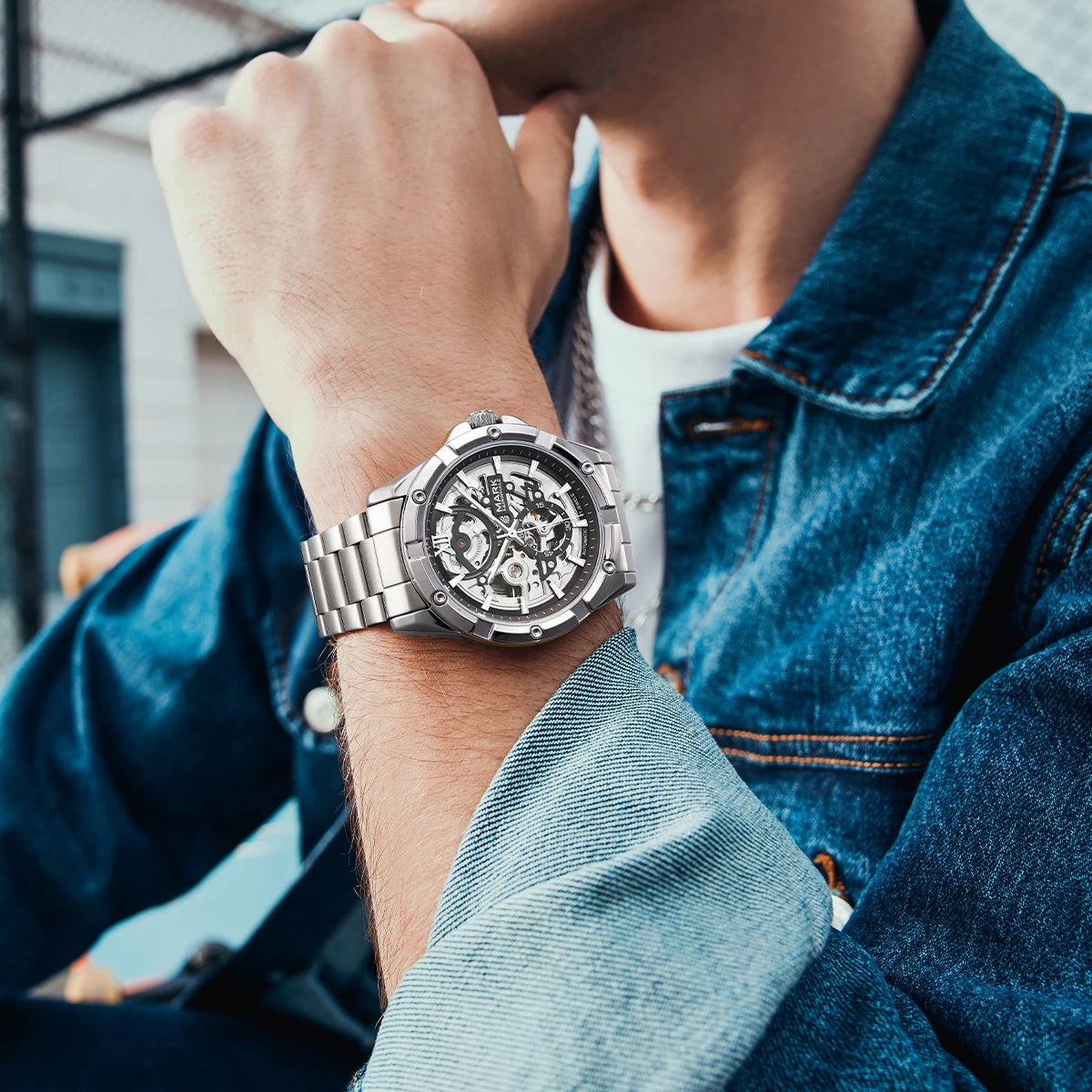 Mark Fairwhale Fashion Skeleton Dial Automatic Movement Stainless Steel Band Luminous Men's Watch