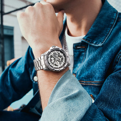 Mark Fairwhale Fashion Skeleton Dial Automatic Movement Stainless Steel Band Luminous Men's Watch