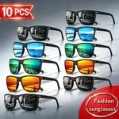10PCS Men's and Women's Textured Square Polarized Sunglasses, Multi-colored Mirror Lenses