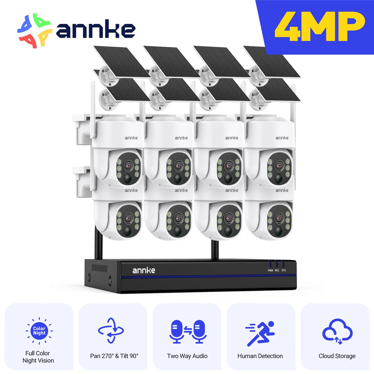 ANNKE 4MP Wireless Surveillance System 16CH NVR WiFi Surveillance Camera Kit Audio Battery Solar Surveillance Cameras Outdoor